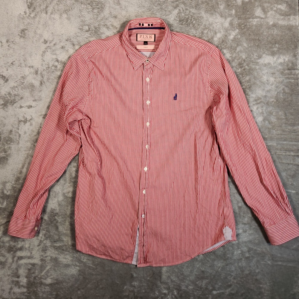 Thomas Pink Button Down Shirt Mens Medium Red White Striped Good Casual Cotton